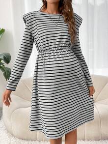 SHEIN Maternity Striped Print Shoulder Pad Dress - Multicolor - View 4
