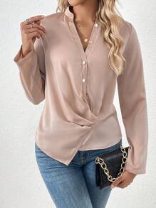 SHEIN LUNE Blusa unicolor fruncido delantero con botón delantero - Champán - Ver 5