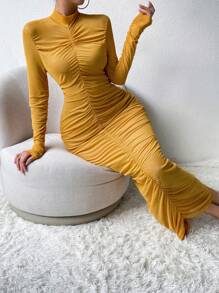 Chiquease Cổ giả Xù Váy bodycon - Màu vàng - Xem 4