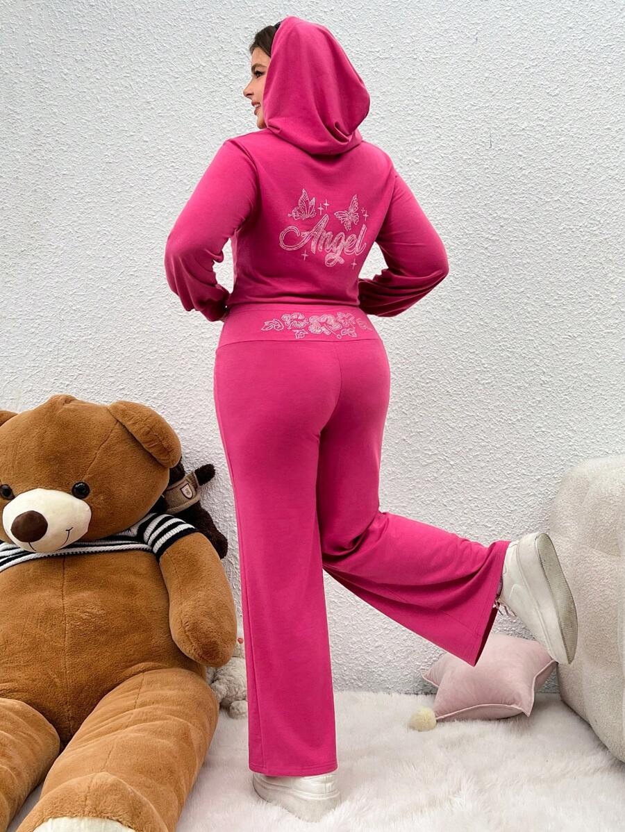SHEIN Qutie Plus Size Hollow Knit Embellished Hoodie And Pants Set With ...