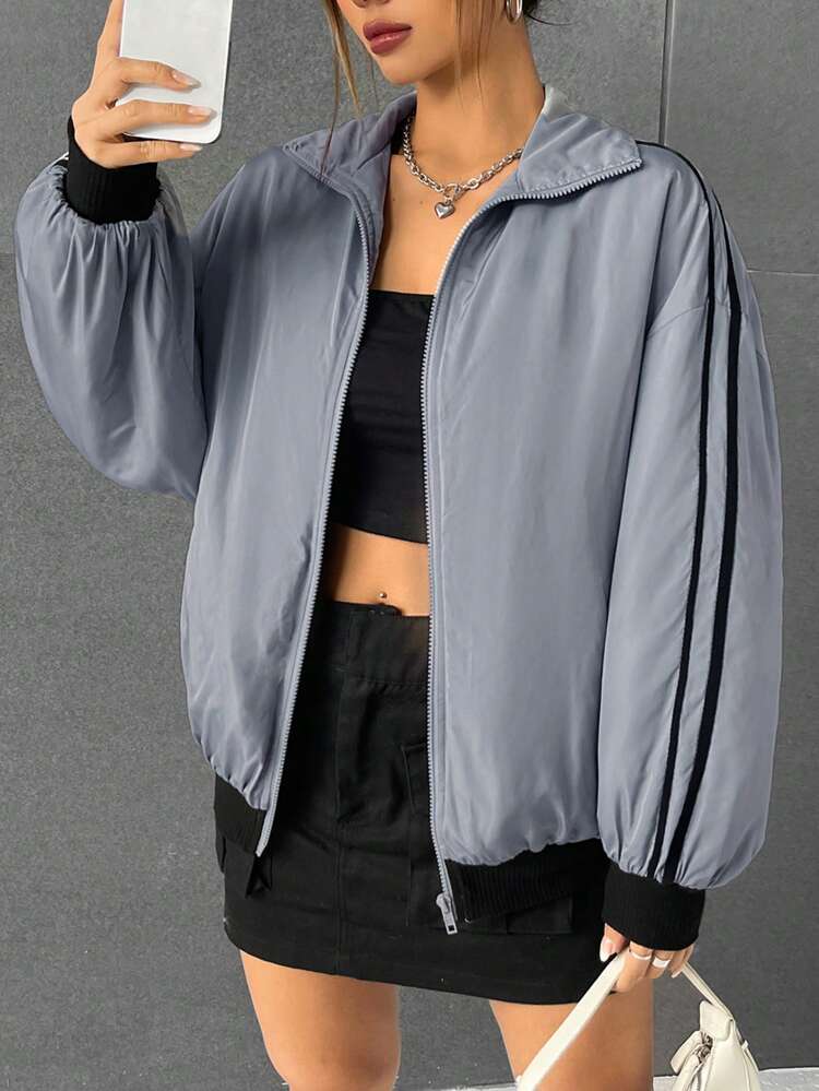 Contrast Trim Drop Shoulder Zipper Padded Coat