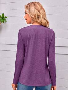 EMERY ROSE V-Neck Asymmetrical Hem Long Sleeve Top - Purple - View 2