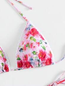 Women's Flower Printed Lace Trimmed Halter Bikini Set - Multicolor - View 8