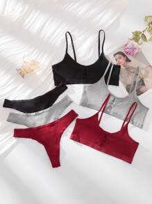 3sets Solid Rib Lingerie Set, Bra & Panty Set - Multicolor - View 5