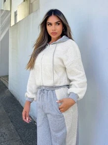 SHEIN SXY Viền tương phản Thả vai Dây rút áo có mũ Teddy Áo nỉ - Màu be - Xem 4