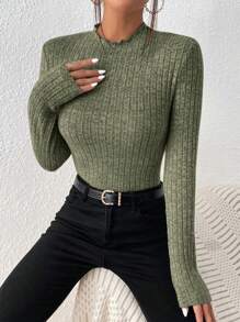 SHEIN Frenchy 女式羅紋長袖 T 卹 - 軍綠色 - 查看 1