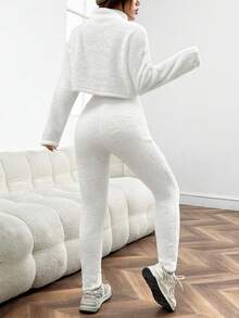 SHEIN EZwear 女士高領印花衛衣和方格裝褲套裝 - 白色 - 查看 2
