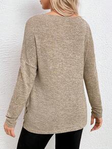 SHEIN Maternidad Camiseta tejido jaspeado bajo con abertura - Caqui - Ver 2
