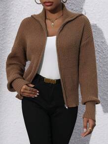 Chiquease Thả vai Dây kéo Áo len Mở - Màu Khaki - Xem 4