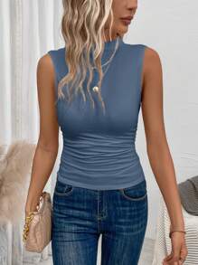 SHEIN LUNE 小高領褶邊背心上衣 - 藏蓝色 - 查看 3