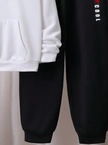 SHEIN Tween 男孩寬鬆學院風連帽字母印花運動衫和運動褲套裝 - 黑與白 - 查看 4