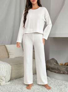 Drop Shoulder Tee & Pants Lounge Set - White - View 4