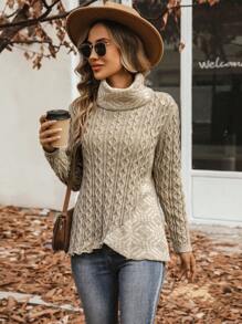 SHEIN LUNE 高領麻花編織不對稱下擺套頭毛衣 - 駝色 - 查看 6