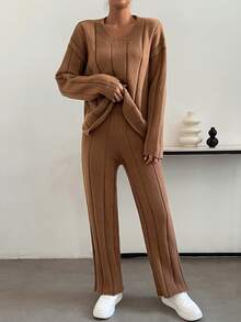 SHEIN Essnce 落肩袖套頭毛衣和針織褲 - 棕色 - 查看 4