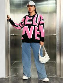 SHEIN EZwear Hơn Mẫu chữ Thả vai Áo len - màu đen - Xem 3