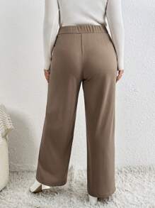SHEIN Privé Plus High Waist Wide Leg Pants - Khaki - View 4