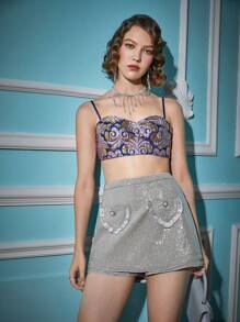 Alice McCall Designer Ruffle Zip Back Glittery Sparkle Sequin Skort, For Summer, Holiday, Festival - Grey - View 7
