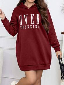 Calvaya 大码字母图案落肩卫衣连衣裙 - 酒紅色 - 查看 4