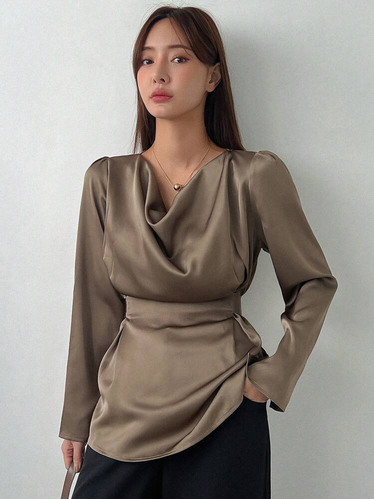 Women's Solid Color Ruffled Collar Puff Sleeve Casual Business Shirt, Autumn,Long Sleeve Tops