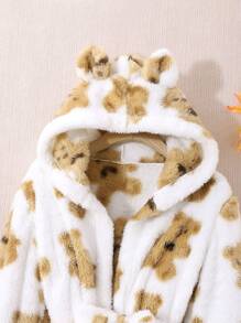 SHEIN Tween Girl Bear Print 3D Ears Design Hooded Flannel Belted Robe for Family Matching - Beige - View 7