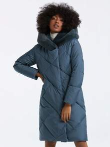 Abrigo acolchado con capucha y adorno de pelo rizado - Azul - Ver 7
