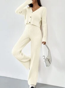 SHEIN EZwear Autumn And Winter 2pcs/Set Women V-Neck Button Decor Contrast Color Long Sleeve Top And Knitted Long Pants Sweater Suit