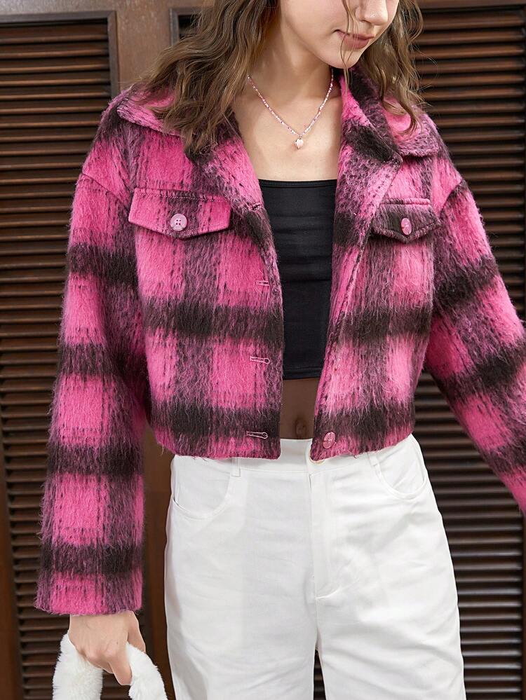 Plaid Print Flap Detail Drop Shoulder Crop Overcoat