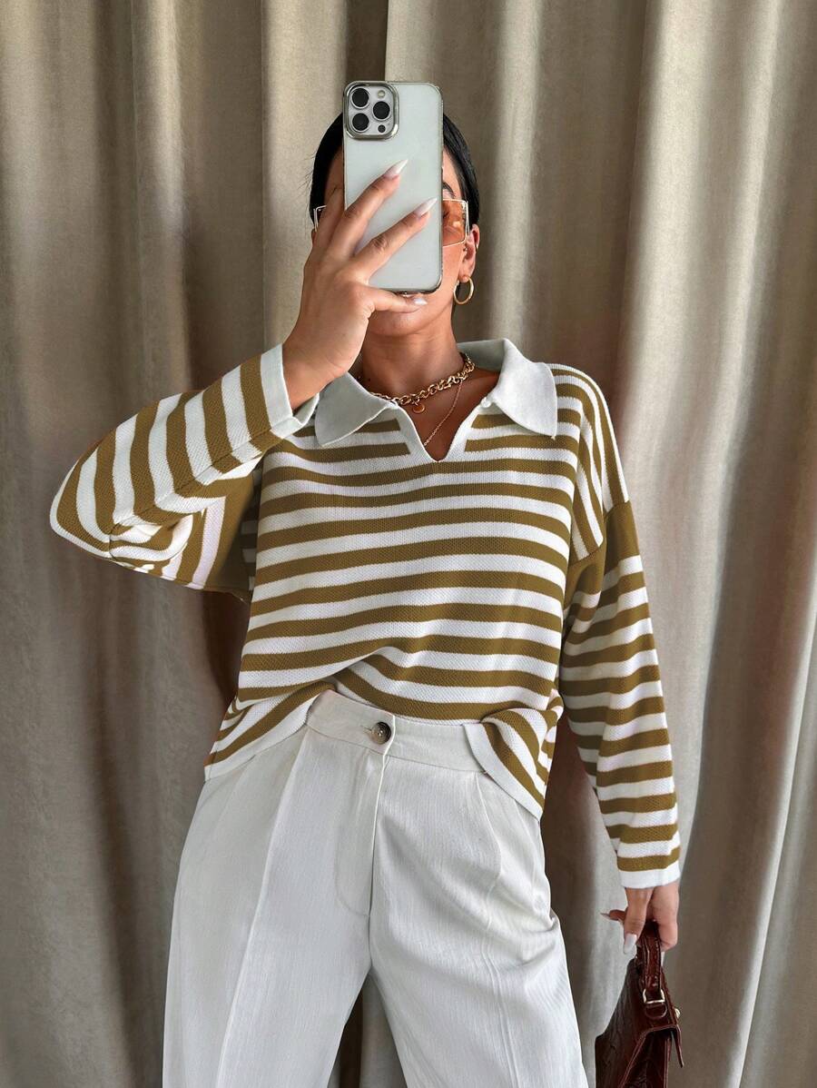 EURMUSE Women's Striped Patchwork Collar Drop Shoulder Sweater - Khaki - View 1