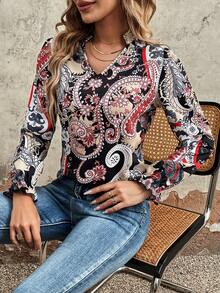 SHEIN VCAY Paisley Print Flounce Sleeve Blouse - Black - View 5