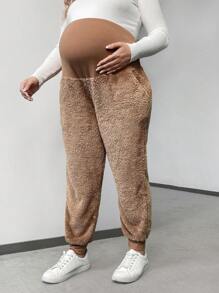 SHEIN 孕妇加大码可调节腰部保暖内衬保暖裤 - 卡其色 - 查看 2