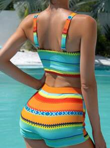 Swim Lushoire Summer Beach Striped Print Ruched Bikini Set
