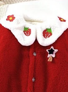 SHEIN 女小童草莓刺繡彼得潘領絨毛外套 - 紅色 - 查看 4