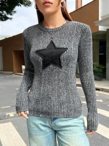 SHEIN EZwear Star Pattern Ribbed Knit Sweater - Grey - View 1