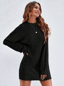 SHEIN LUNE 落肩袖條紋針織T恤洋裝不附腰帶 - 黑色 - 查看 1