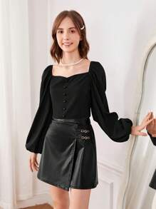 SHEIN 2 Piezas/set Camisa De Manga Larga Con Cuello En Forma De Corazón Para Chicas Adolescentes Y Falda De Piel Sintética Con Doble Cadena Decorada