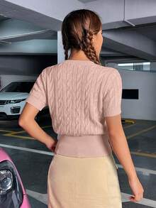SHEIN Qutie 熊貼布細節麻花編織上衣 - 粉色 - 查看 2