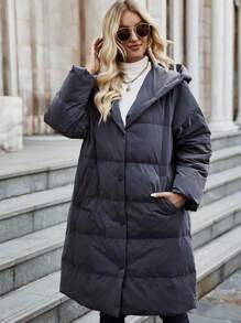 SHEIN Unity Zip Up Snap Button Hooded Down Coat Fall Cloth For Women - Blue - View 5