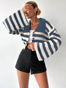 EURMUSE Women's Striped Flare Sleeve Cardigan With Open Front - MultiWarna - View 4