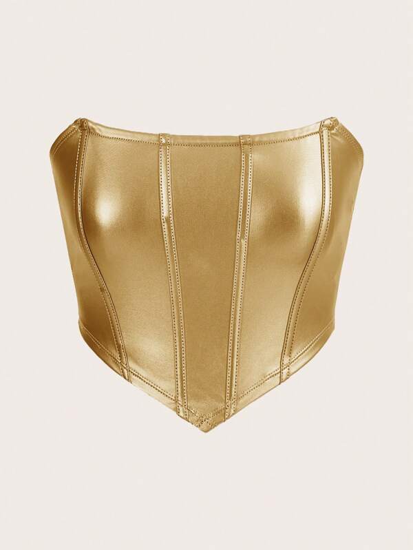 SHEIN ICON Hanky Hem PU Leather Tube Golden Top