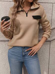 SHEIN LUNE 半拉鏈翻蓋細節運動衫 - 卡其色 - 查看 5