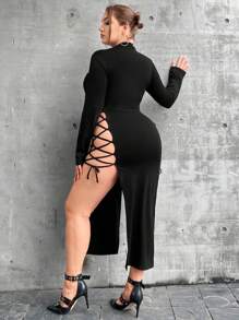 Flirla Plus Size Women's Solid Color Sexy Dress With Side Tie Detail - Black - View 5