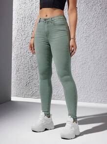 SHEIN Essnce 素色緊身九分牛仔褲 - 綠色 - 查看 2