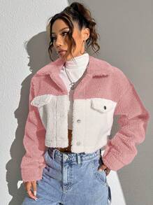 SHEIN Unity Hai âm Thả vai Mùa vụ Áo Teddy Jackets - Màu Hồng baby - Xem 4