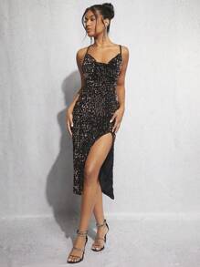 SHEIN BAE Split Thigh Sequin Cami Dress - Champagne - View 3