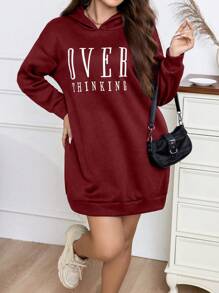Calvaya 大码字母图案落肩卫衣连衣裙 - 酒紅色 - 查看 1