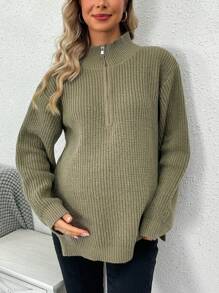SHEIN Maternity Half Zip Drop Shoulder Split Hem Ribbed Knit Sweater, For Winter - Brown - View 4