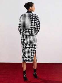 SHEIN BIZwear 女士千鸟格立领上衣和裙子套装 - 黑與白 - 查看 2
