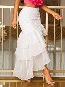 SHEIN SXY Xù Viền không đối xứng Kim sa Váy - trắng - Xem 7