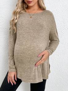SHEIN Maternidad Camiseta tejido jaspeado bajo con abertura - Caqui - Ver 6