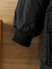 SHEIN Young Boy Letter Patched Detail Hooded Quilted Coat - Black - View 4